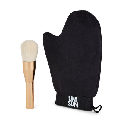 Tanning mitt and brush set for precise and even tanning application.